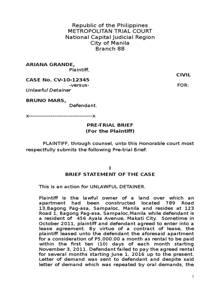 PC2 Civil Pre TRial Brief for Plaintiff Unlawful Detainer Eviction