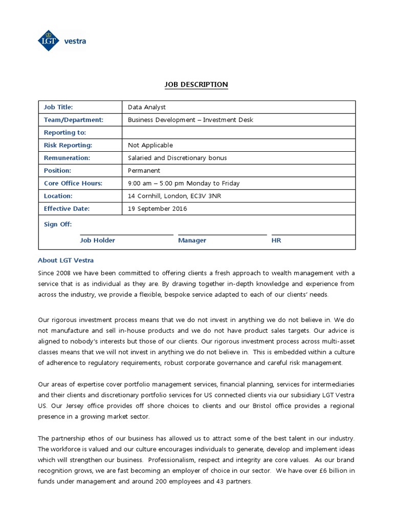Data Analyst Investment Management Competence (Human Resources)