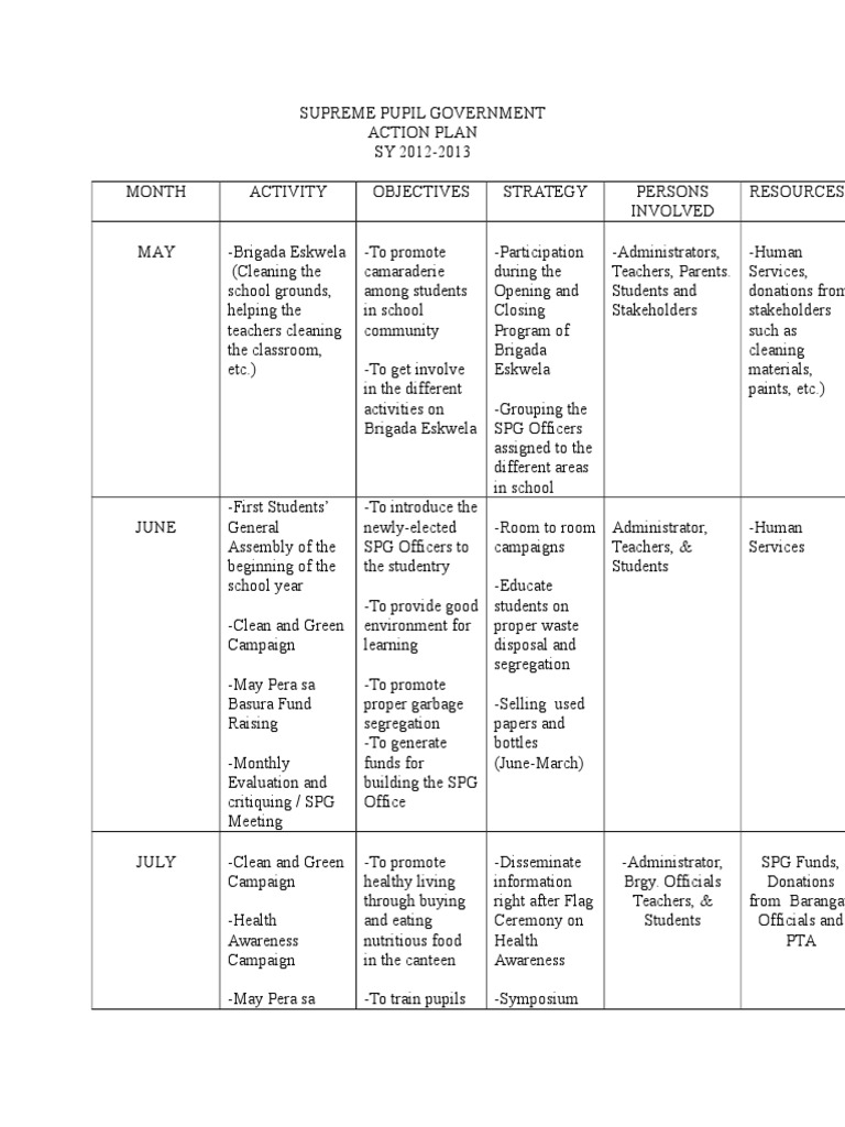 SPG Action Plan for SY 2012-2013 | PDF | Communication | Cognition