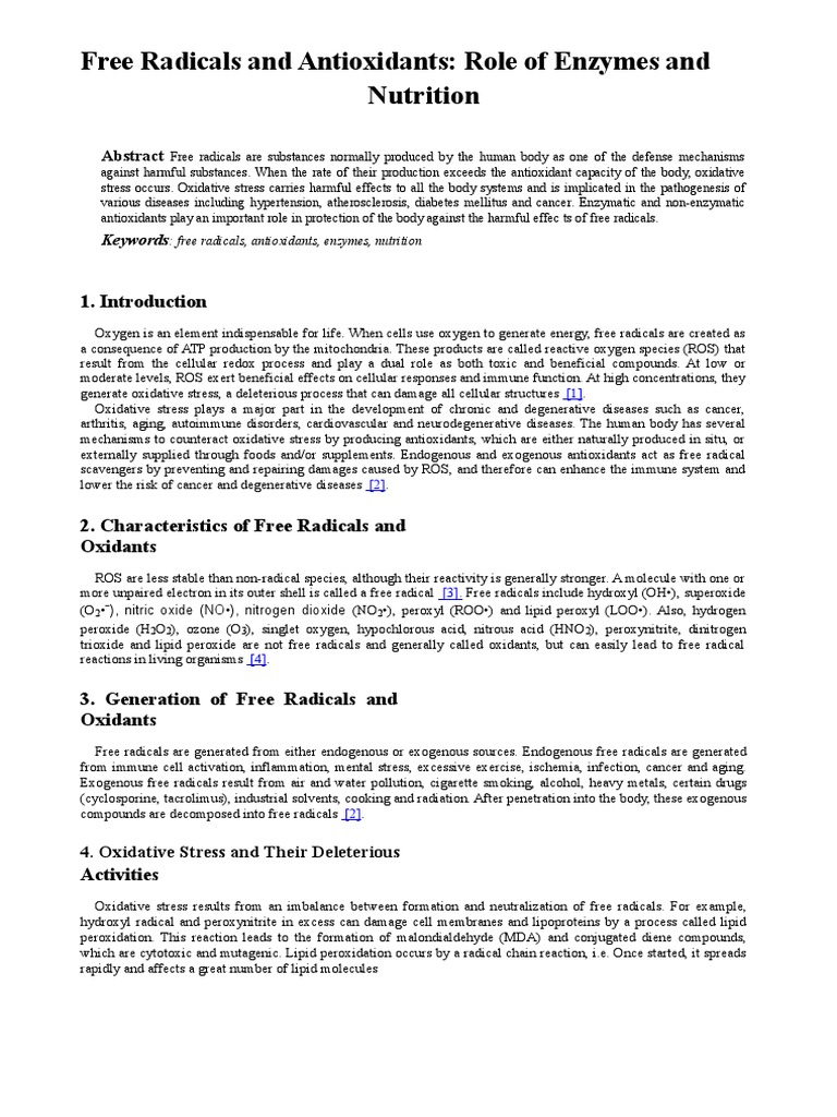 Free Radicals and Antioxidants: Role of Enzymes And: Nutrition | PDF