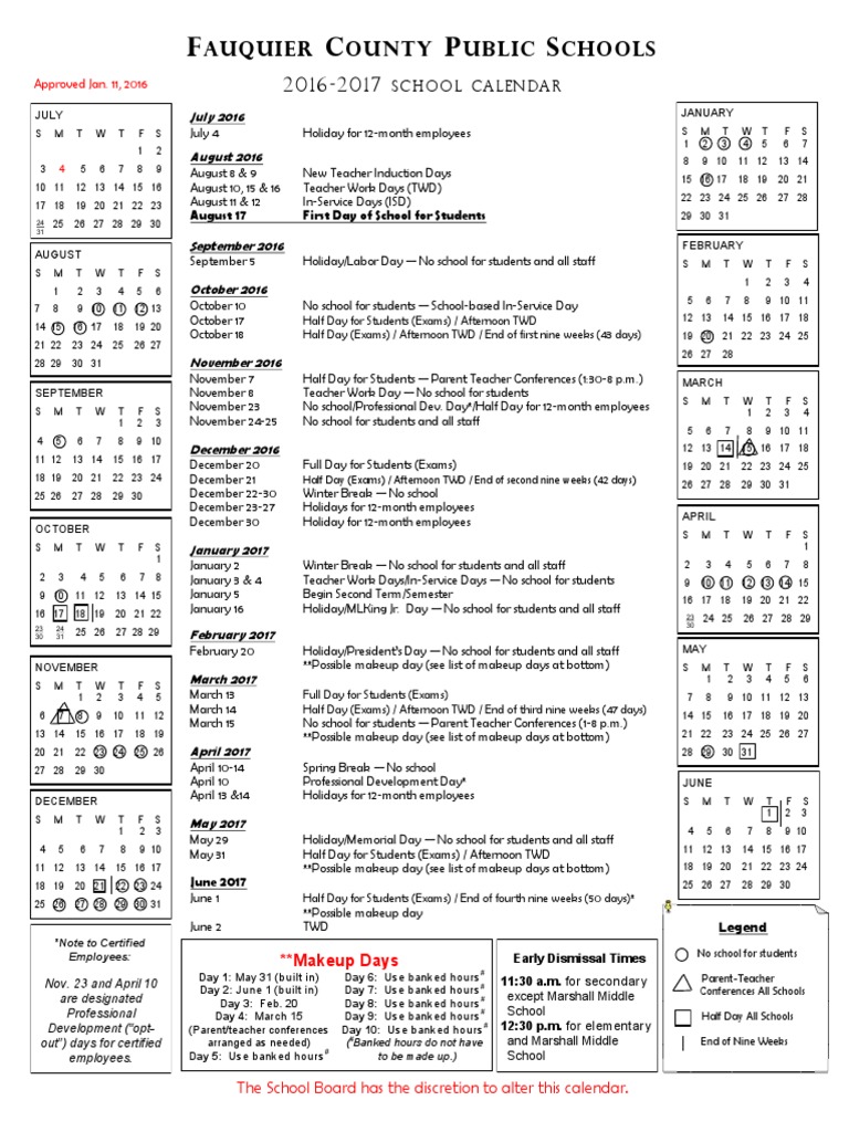 2016-17 Fauquier County Public School calendar | Sharing | Observances