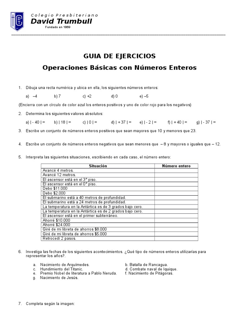 Guía de ejercicios de operaciones básicas con números enteros | PDF ...