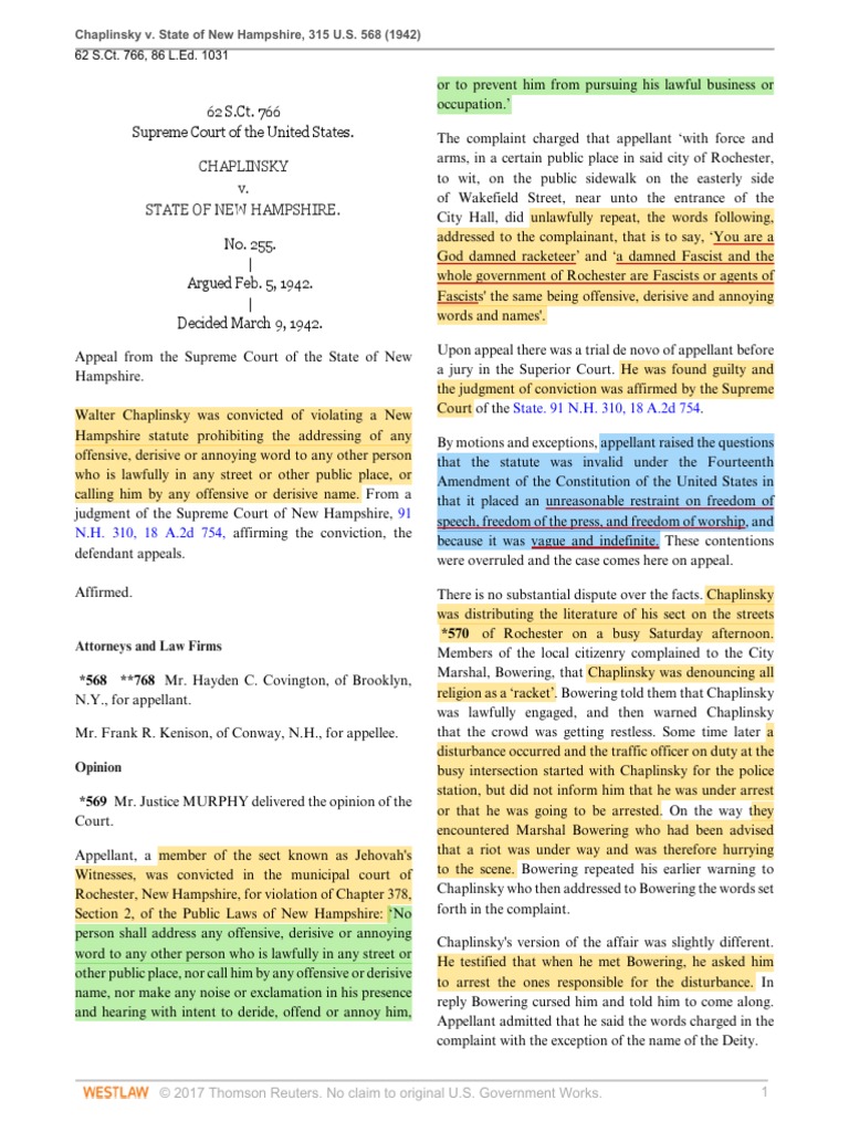 Chaplinsky v State of New Hampshire Supreme Court Of The United