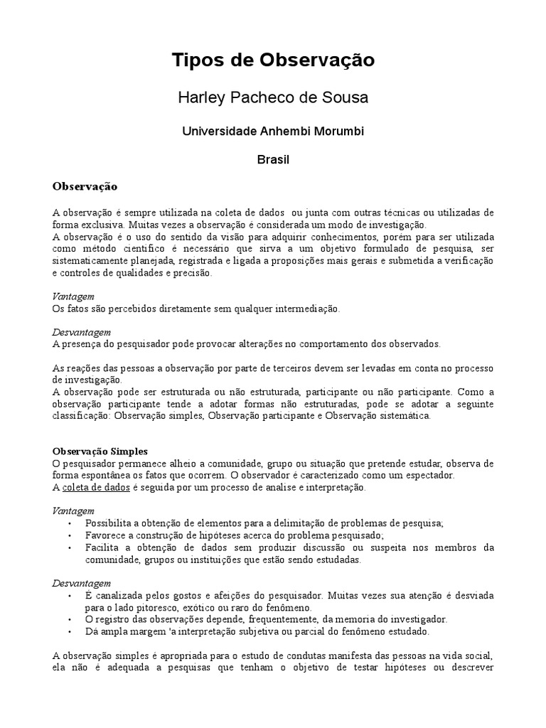 Tipos de Observação em Pesquisa | PDF | Sociologia | Ciência cognitiva