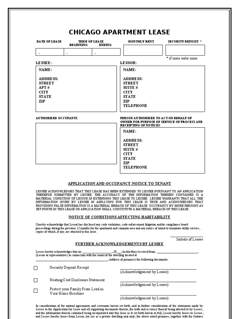 Chicago Apartment Lease Date of Lease Term of Lease Monthly Rent