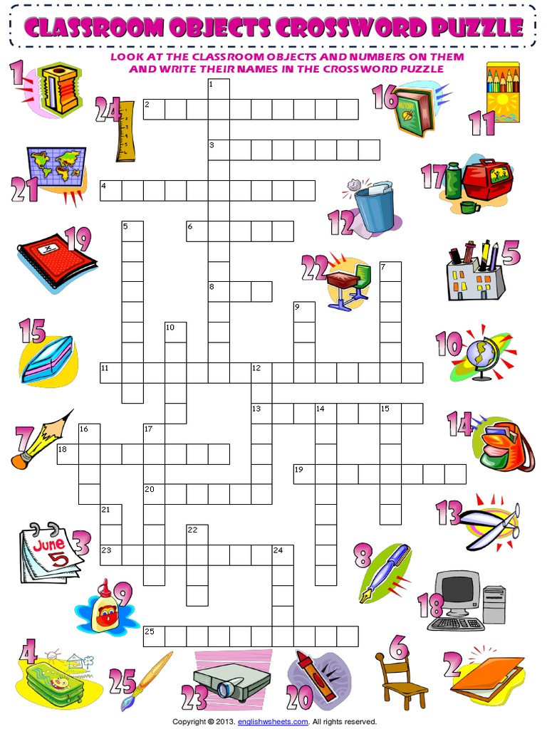 Classroom Objects Esl Vocabulary Crossword Puzzle Worksheet For Kids PDF |  PDF | Leisure