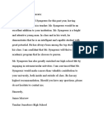 Letter of Recommendation For High School Student Word