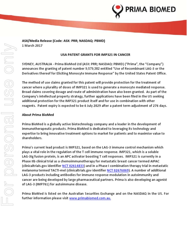 USA Patent Granted for IMP321 Cancer Treatment | PDF | Pharmacology ...