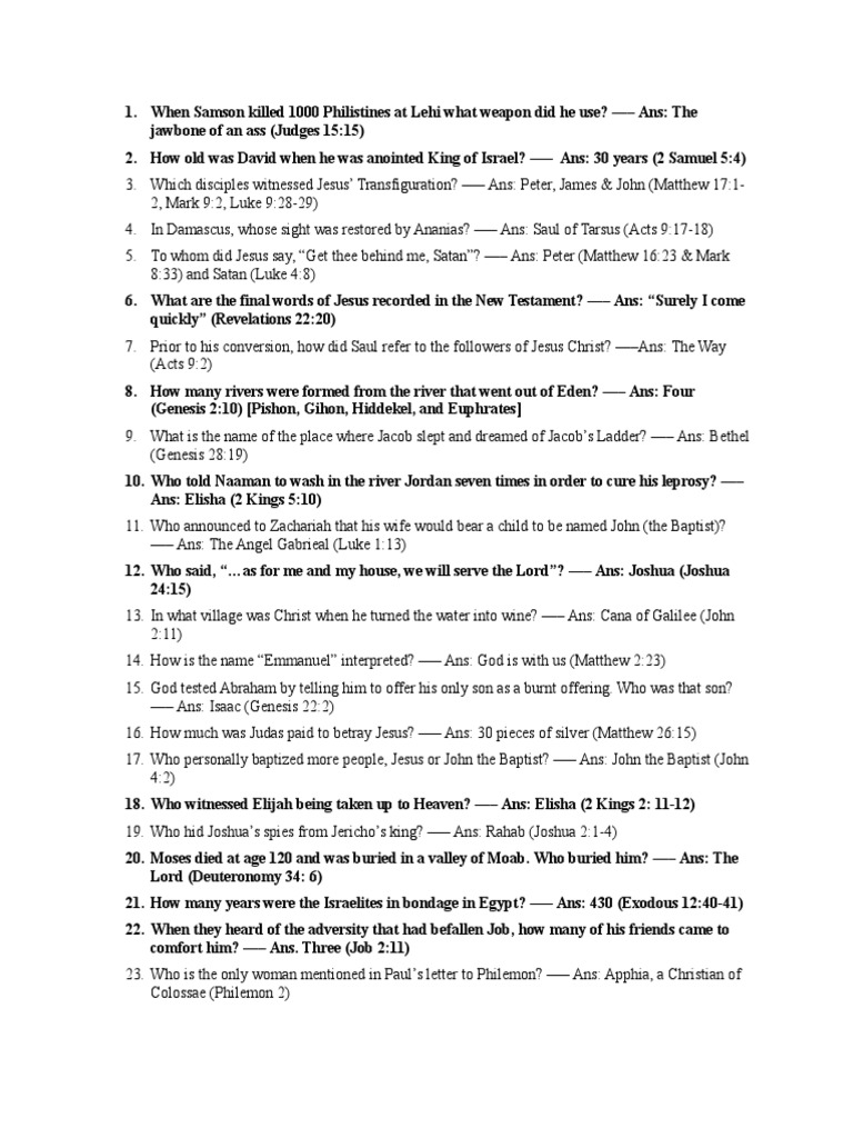 Printable Children S Bible Trivia Questions And Answers Quiz Questions And Answers