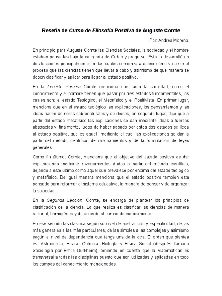 Reseña de Curso de Filosofía Positiva de Auguste Comte
