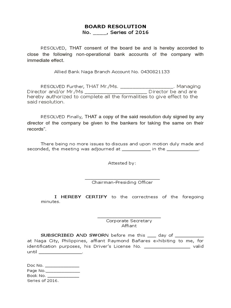 Board Resolution to Close Bank Accounts | PDF
