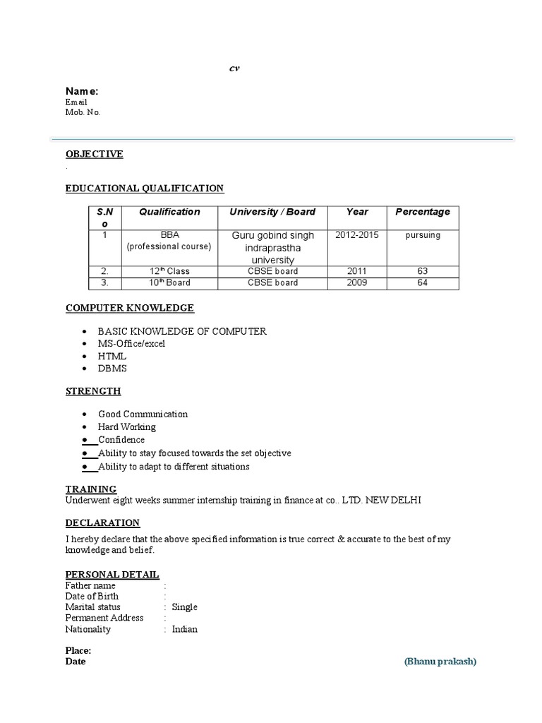 BBA Graduate CV with Internship Experience | PDF