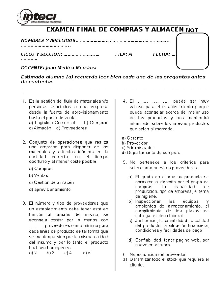 Examen Final de Compras y Abastecimiento | PDF | Calidad (comercial ...