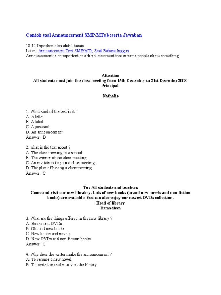 Contoh Soal Announcement SMP Library And Museum