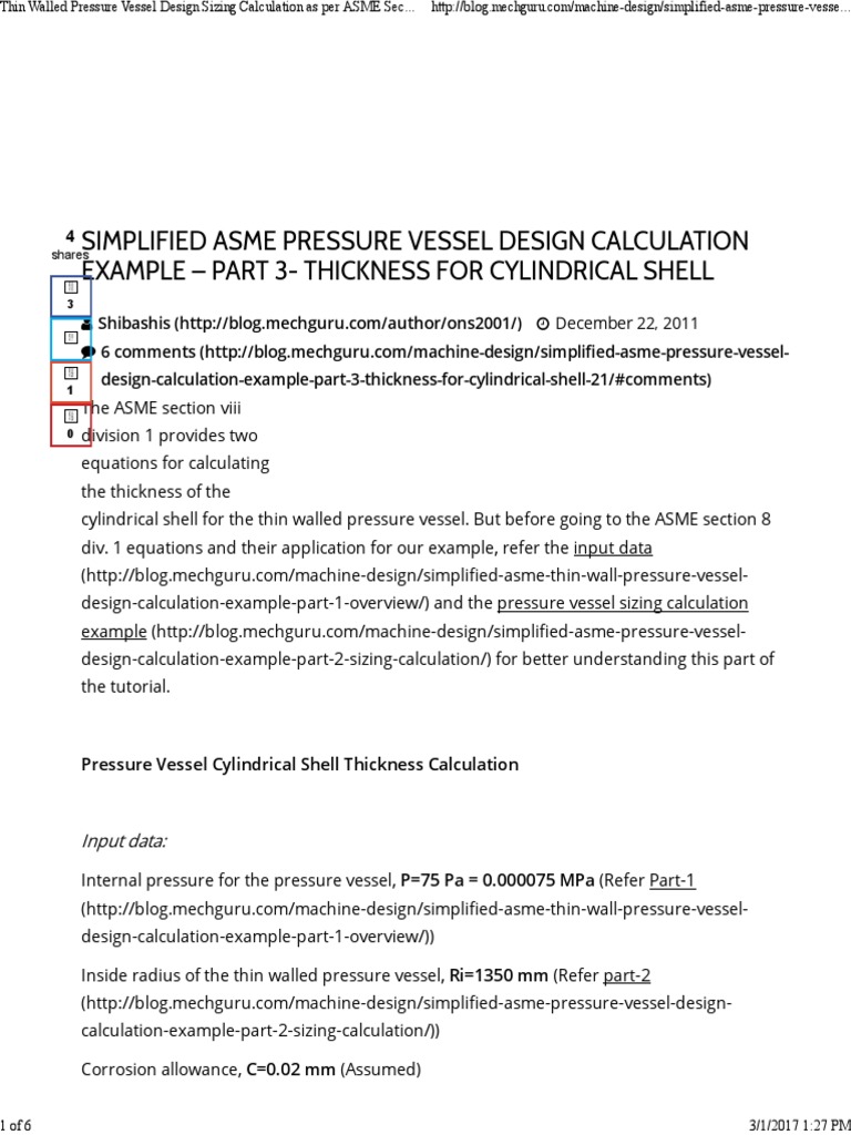 Thin Walled Pressure Vessel Design Sizing Calculation As Per ASME ...