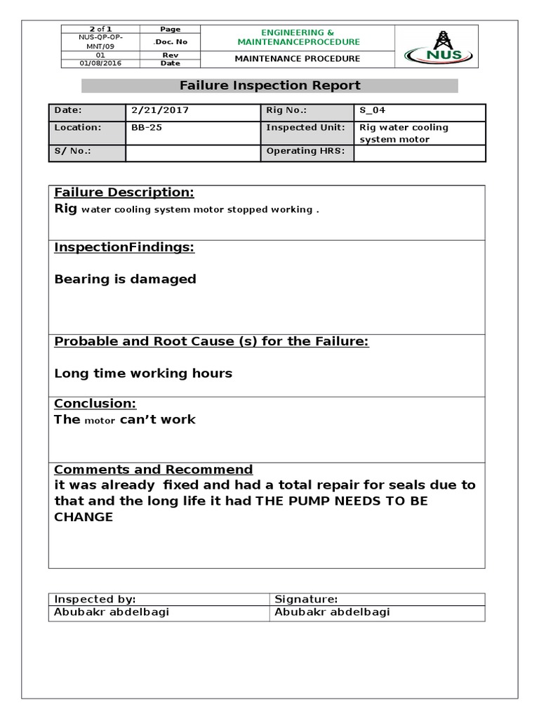 09 Failure Inspection Report | PDF | Technology & Engineering