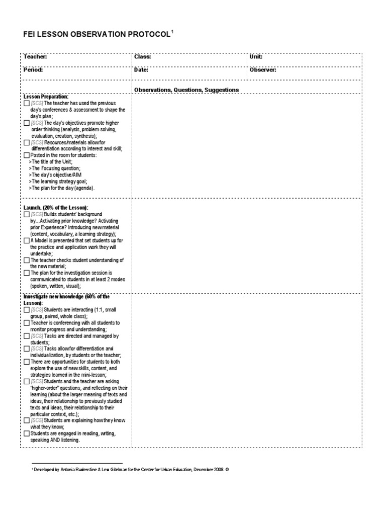 FEI Classroom Observation Feedback Form Educational Assessment Teachers