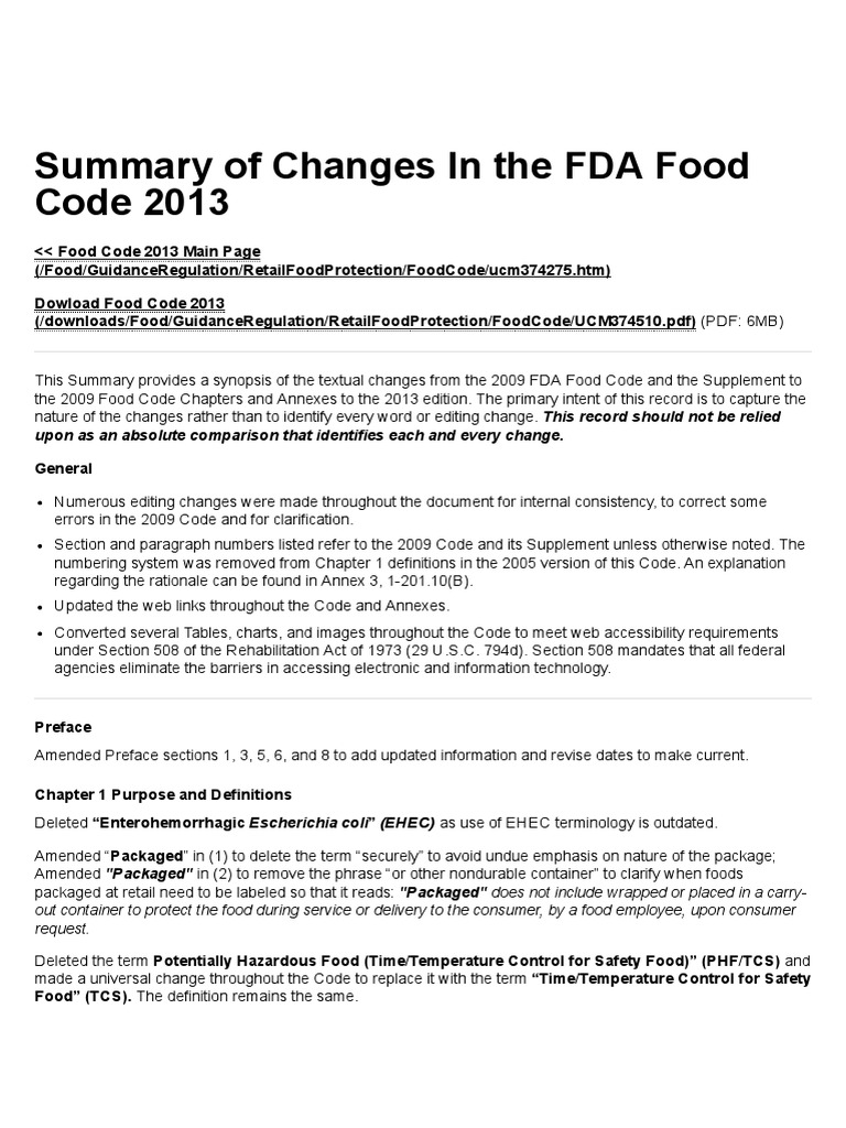 FDA Food Code 2013 Changes Summary | PDF | Foods | Packaging And Labeling