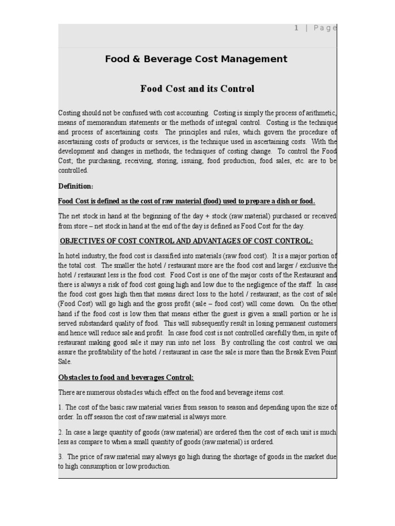 F&B Cost Controller Notes PDF Cost Accounting Restaurants