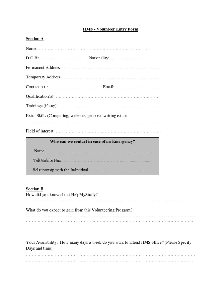Entry Form For Volunteers - Sample | PDF | Career & Growth