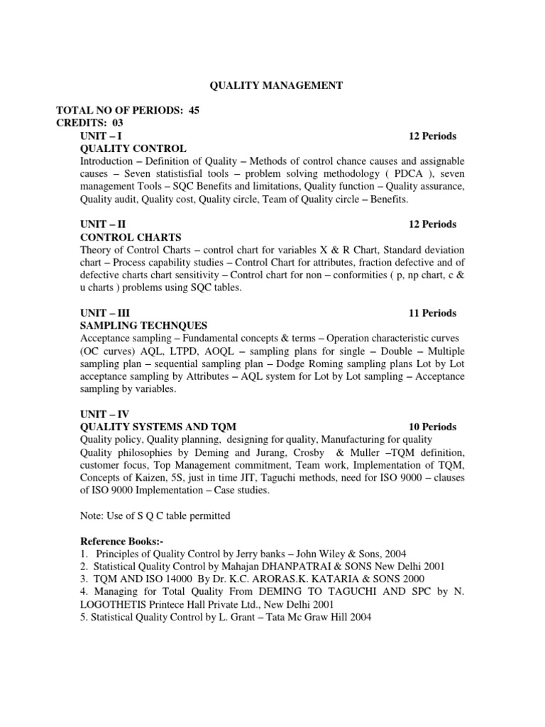 Quality Management Course Syllabus | PDF | Sampling (Statistics ...