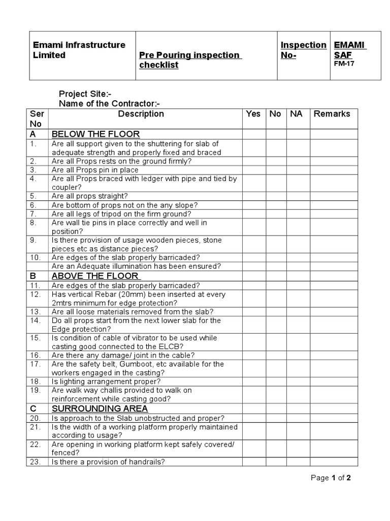Pre Pouring Inspection Checklist Pdf Industries Civil Engineering