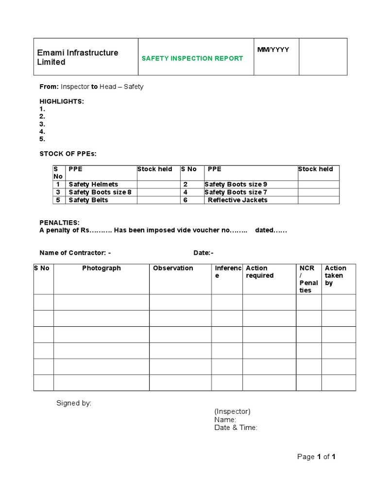 Emami Infrastructure Limited: Safety Inspection Report | PDF