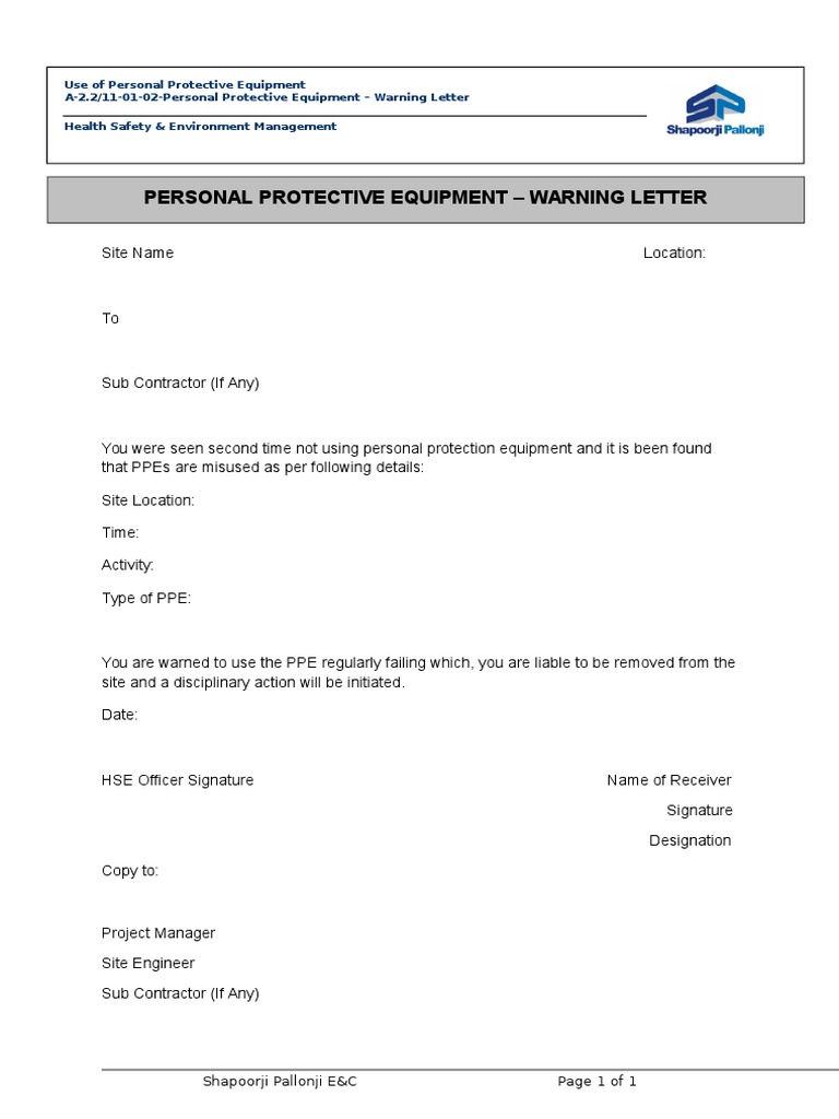 PPE Violation Warning Letter | PDF | Personal Protective Equipment ...