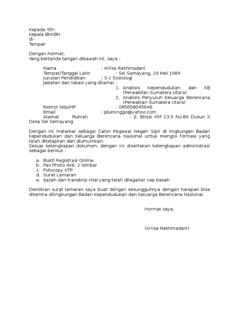 Contoh Surat Lamaran Bkkbn