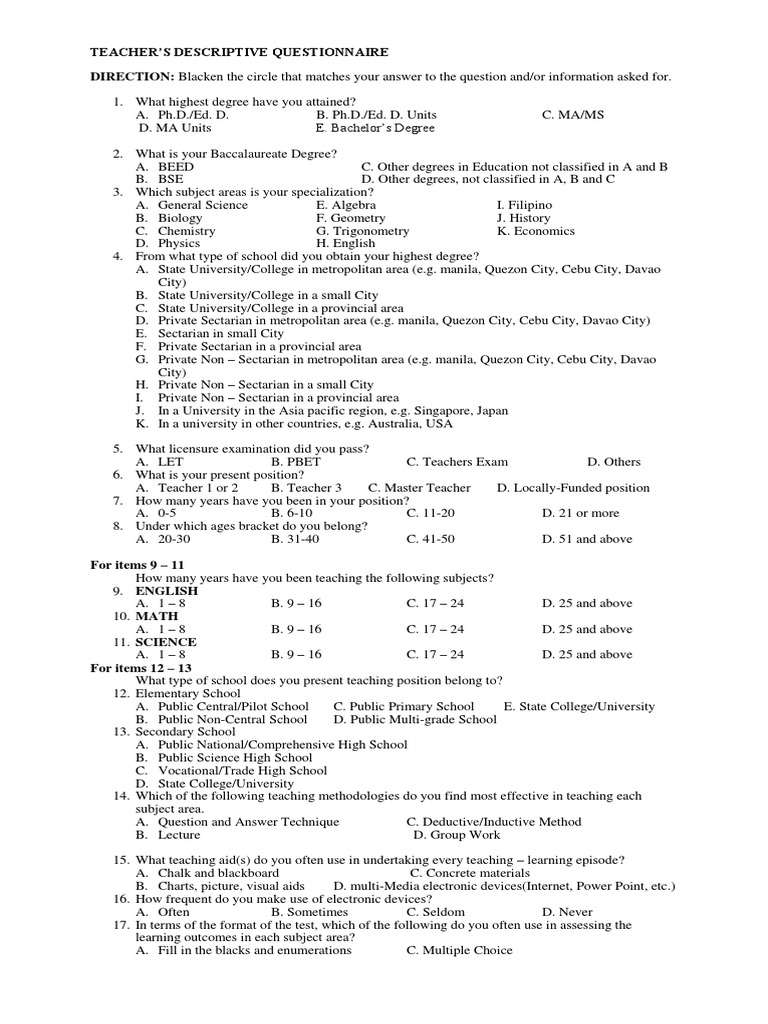 Teacher Descriptive Questionnaire Form | PDF | Academic Degree ...