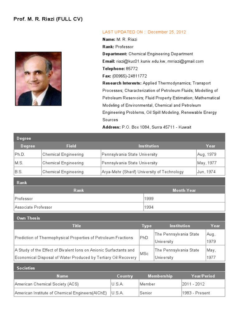 Prof. M. R. Riazi (FULL CV) : LAST UPDATED ON:: December 25, 2012 | PDF