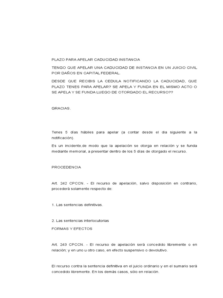 Plazo para Apelar Caducidad Instancia | PDF | Sentencia (Ley) | Justicia