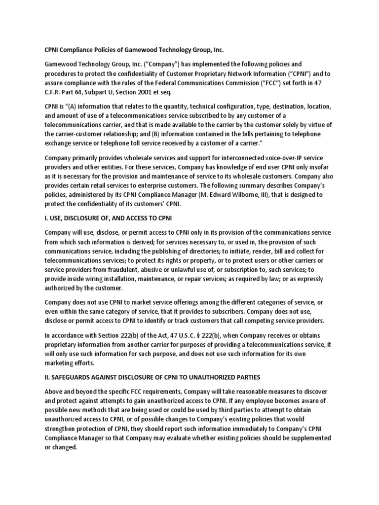 CPNI Compliance Policies Overview | PDF | Password | Authentication