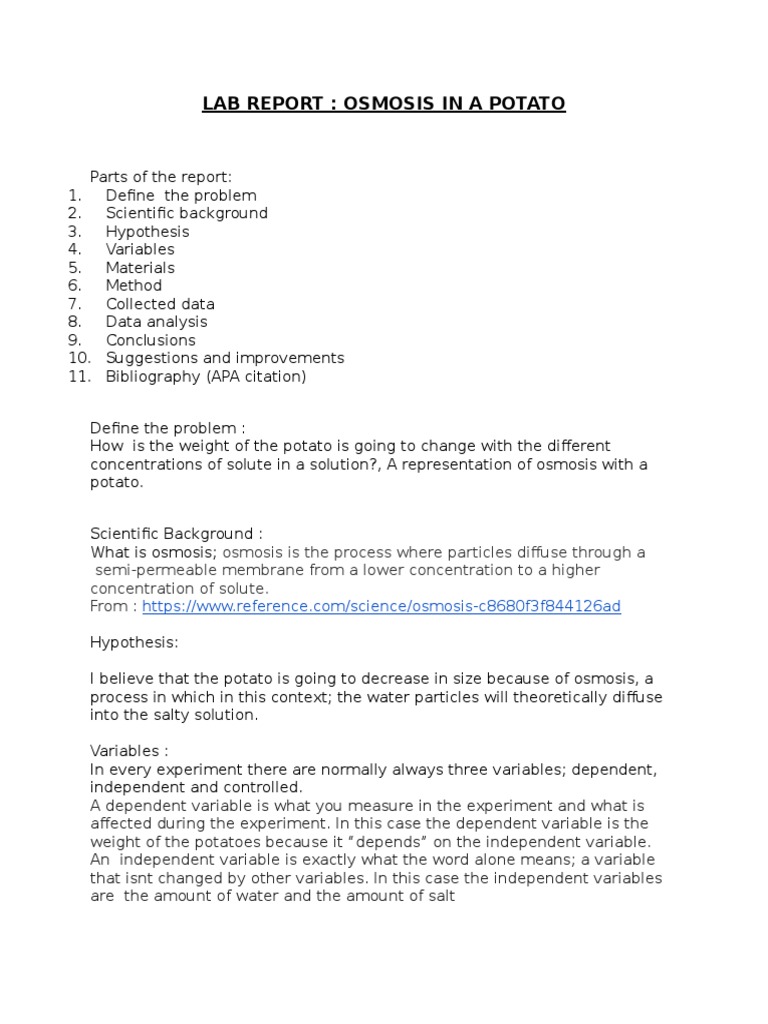 Lab Report Osmosis in A Potato PDF Osmosis Experiment
