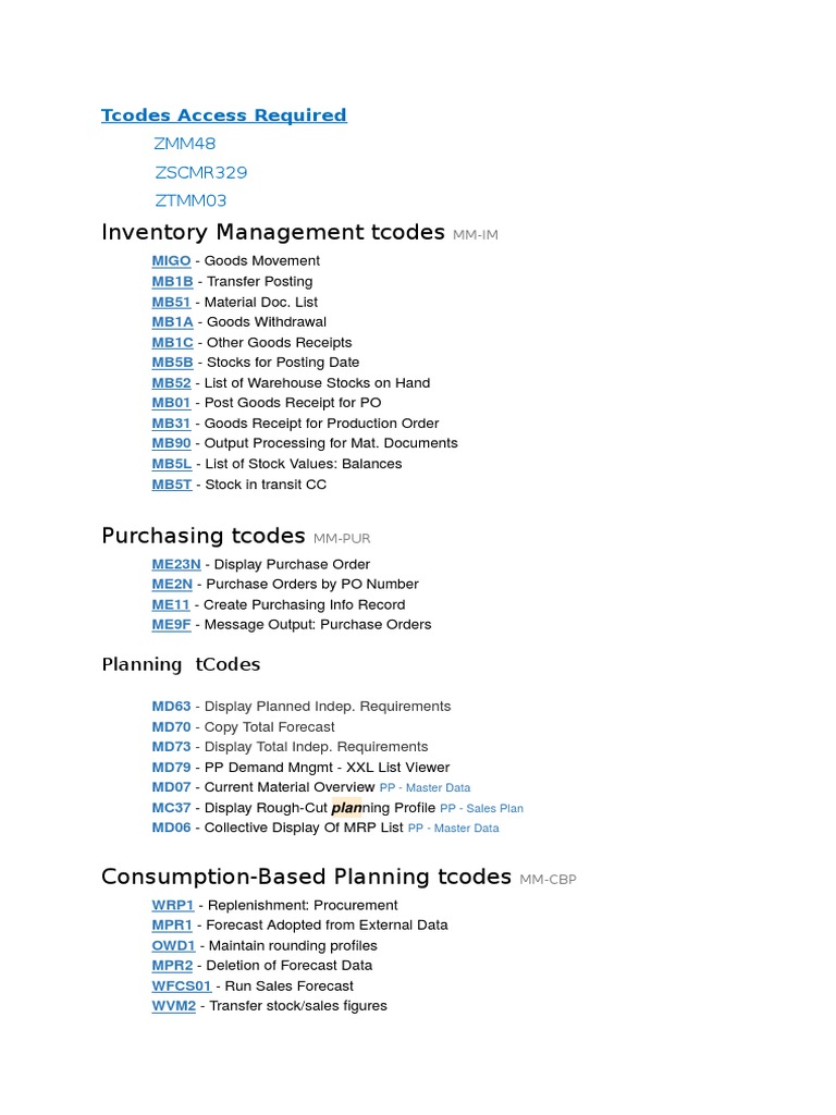 SAP MM and Inventory Management Tcodes | PDF