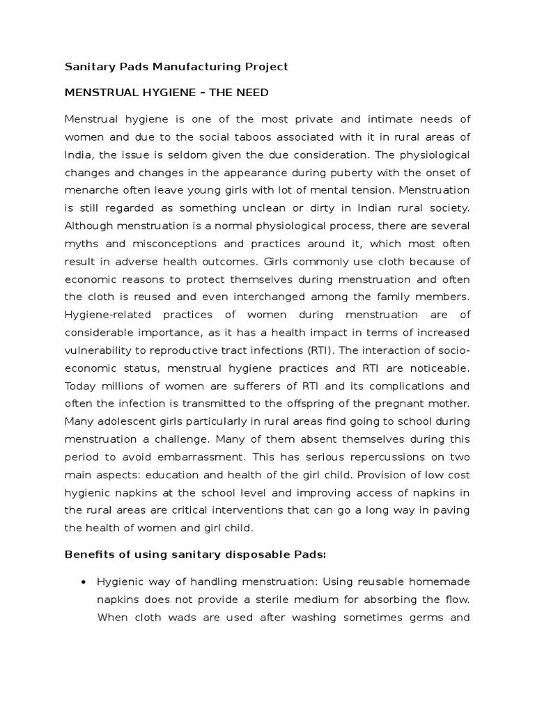 Sanitary Napkin Manufacturing Project PDF Menstruation Hygiene