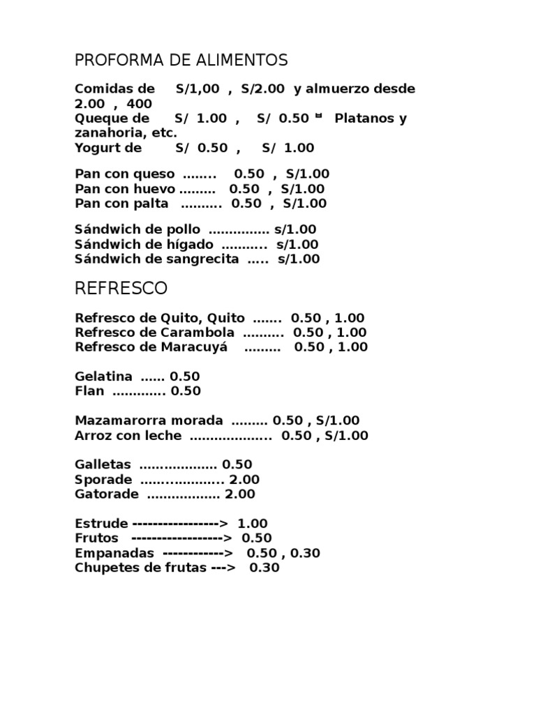Proforma de Alimentos y Bebidas | PDF