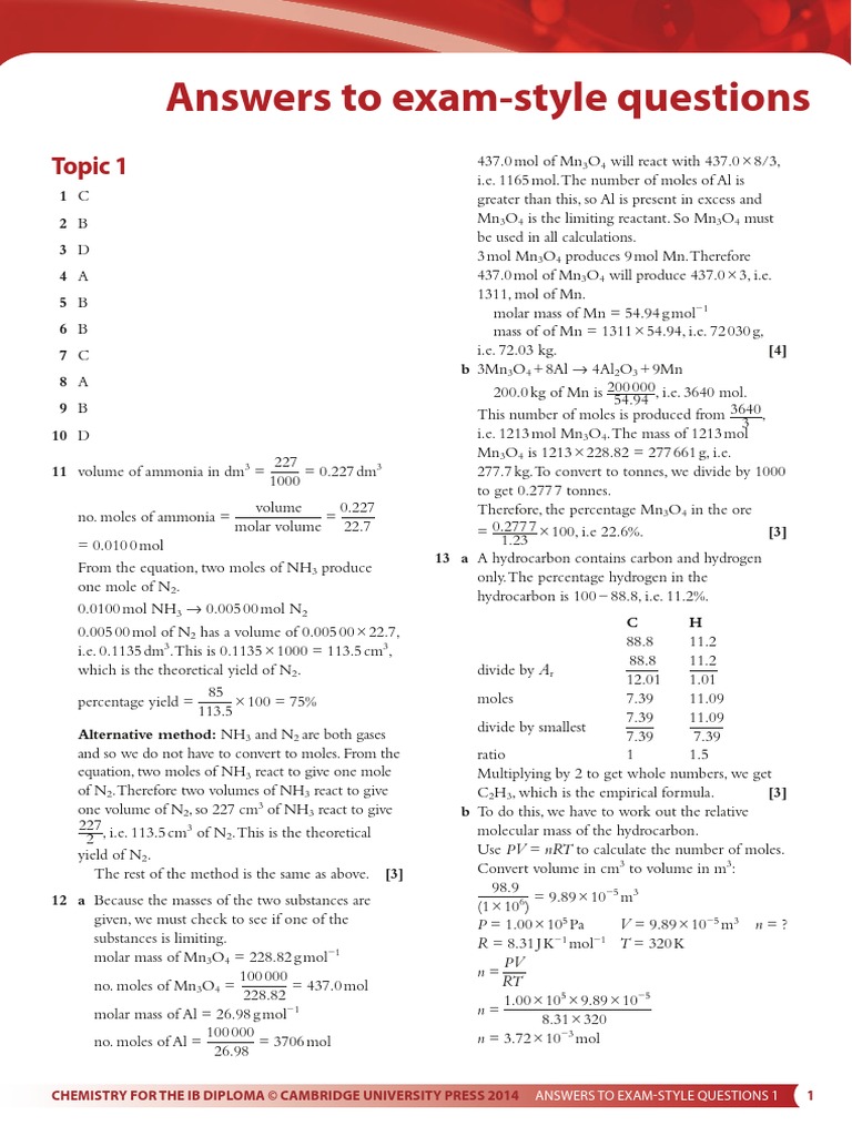 Chapter 1 Answer to Exam Style Question Mole (Unit) Sets Of Chemical Elements