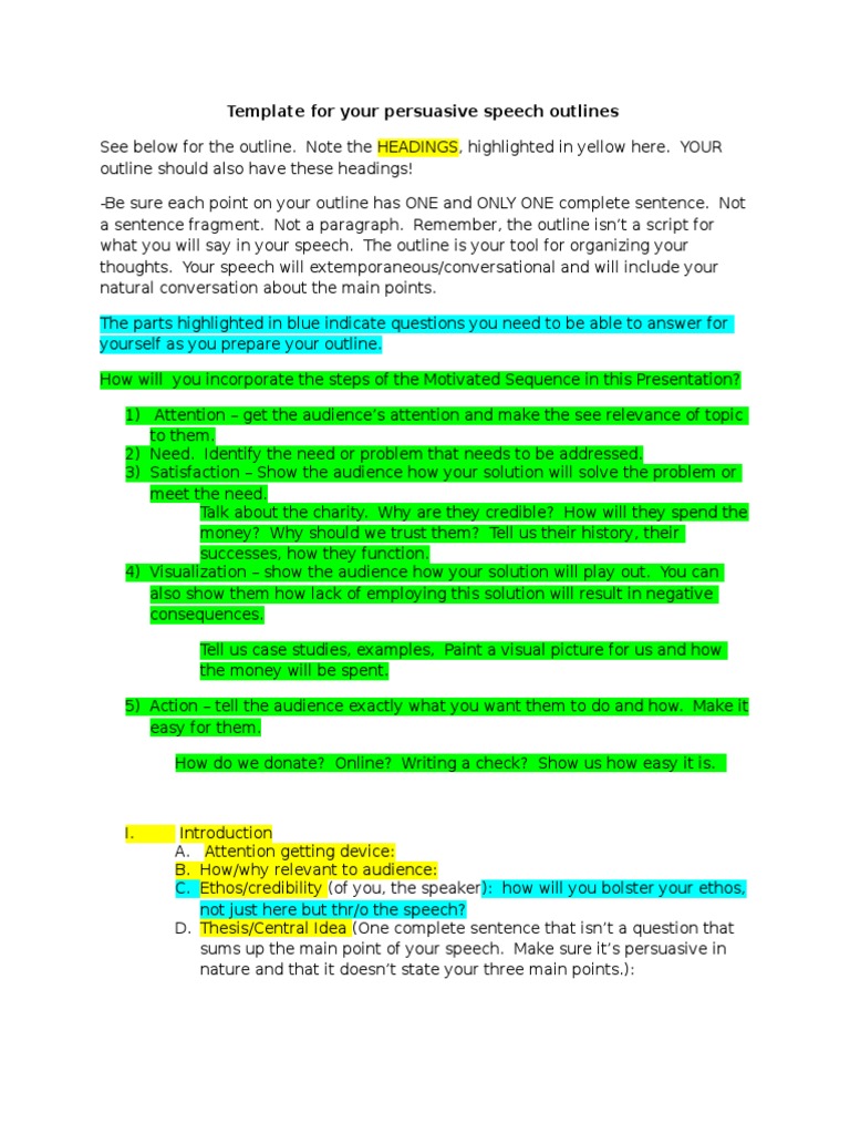 Template For Persuasive Speech Outlines Download Free PDF Semiotics