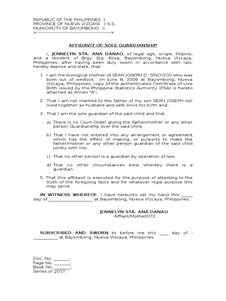 Aff. of Sole Guardianship PDF Affidavit Family