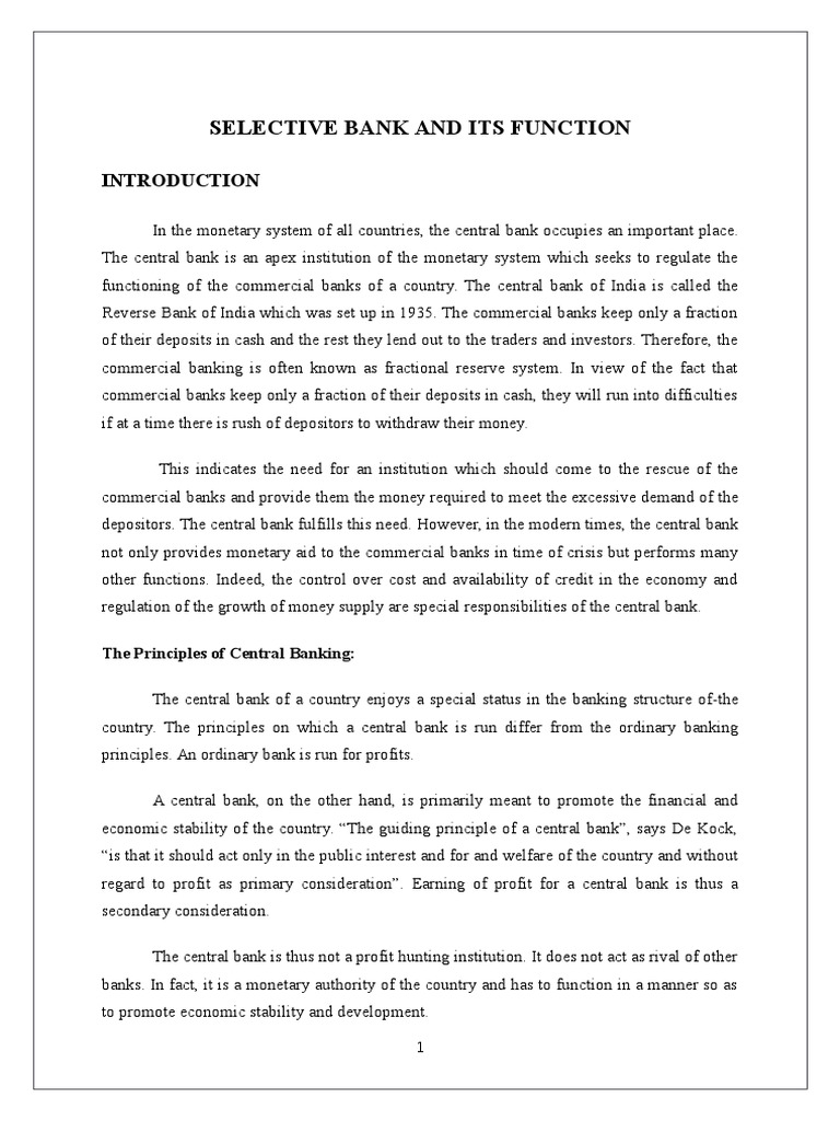 BT - Selective Bank and Its Function | PDF | Central Banks | Reserve ...