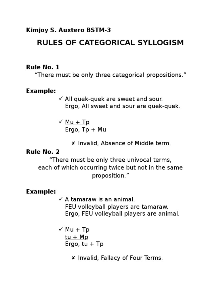 Rules of Categorical Syllogism Kimjoy S. Auxtero BSTM3 PDF