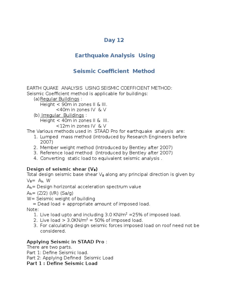 Earthquake Load Analysis with STAAD Pro | PDF | Beam (Structure ...