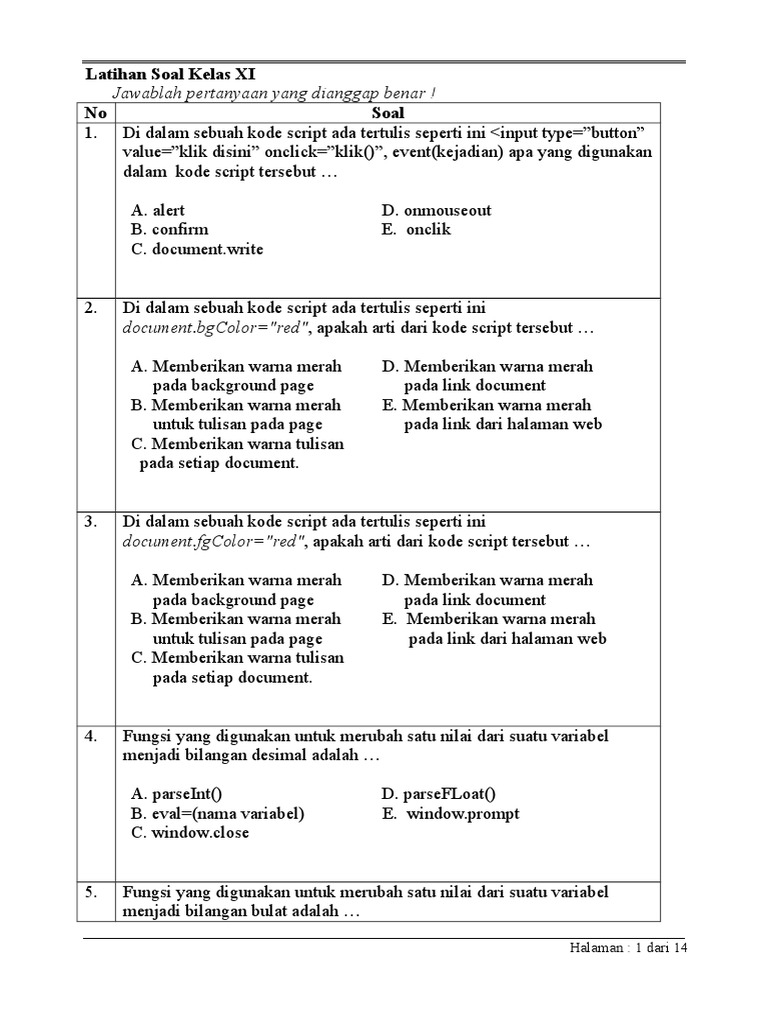 Latihan Soal Javascript Kelas XI | PDF