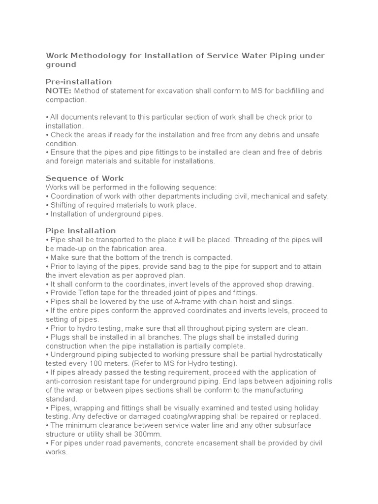 Work Methodology For Installation of Service Water Piping Under Ground ...
