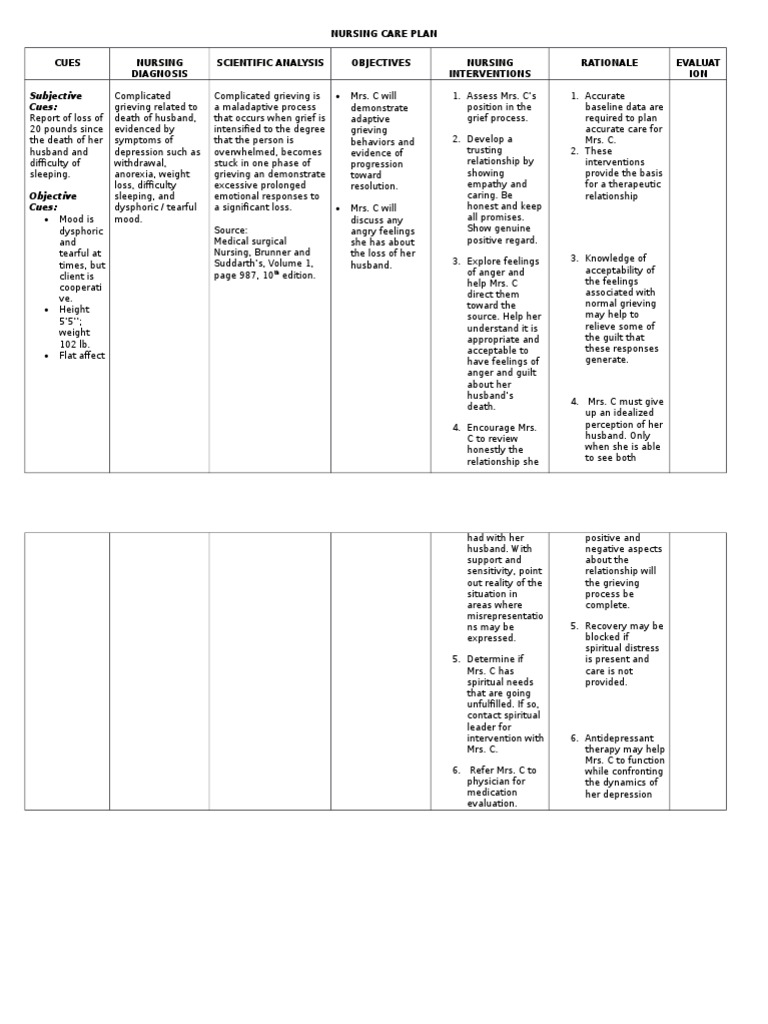 Nursing Care Plan for Complicated Grieving and Risk for Injury | PDF