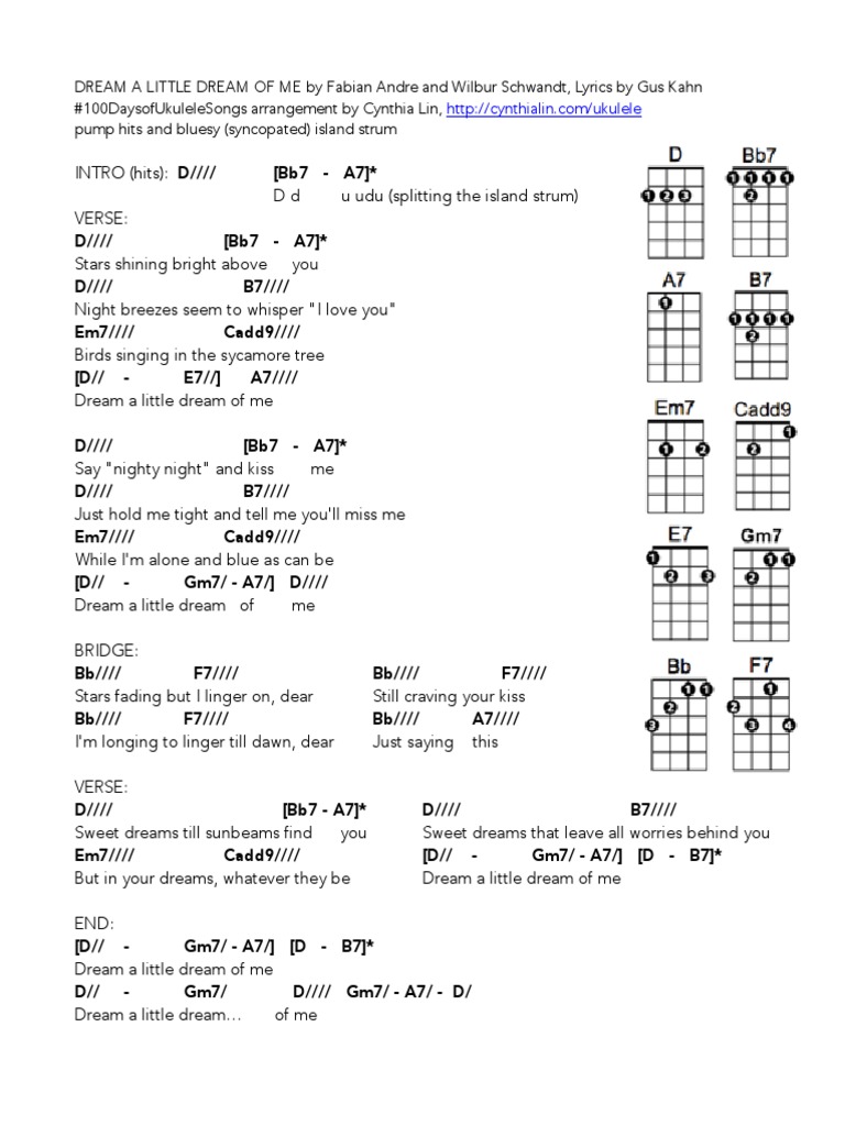 Dream A Little Dream Of Me Ukulele Chord Chart Pdf Song Recordings American Songs