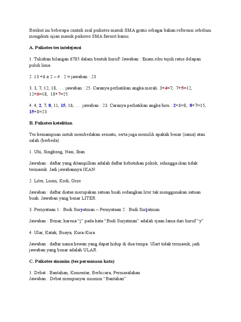 Berikut Ini Beberapa Contoh Soal Psikotes Masuk SMA Gratis Berikut Ini Beberapa Contoh Soal Psikotes Masuk SMA Gratis