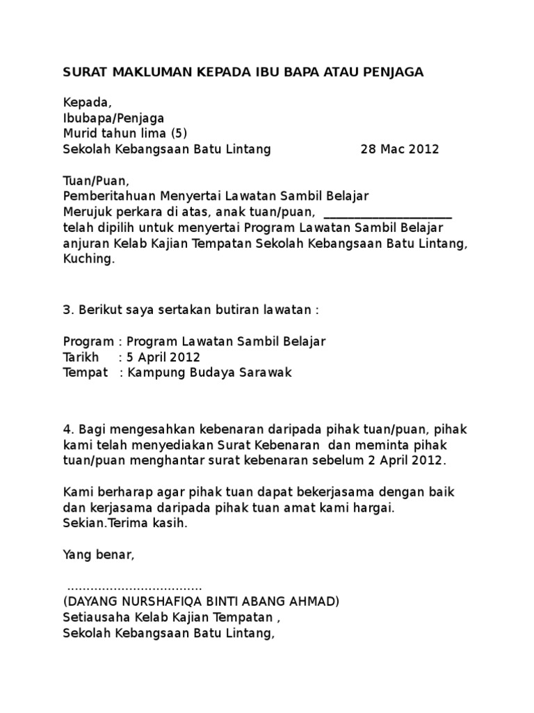 Surat Makluman Kepada Ibu Bapa Atau Penjaga