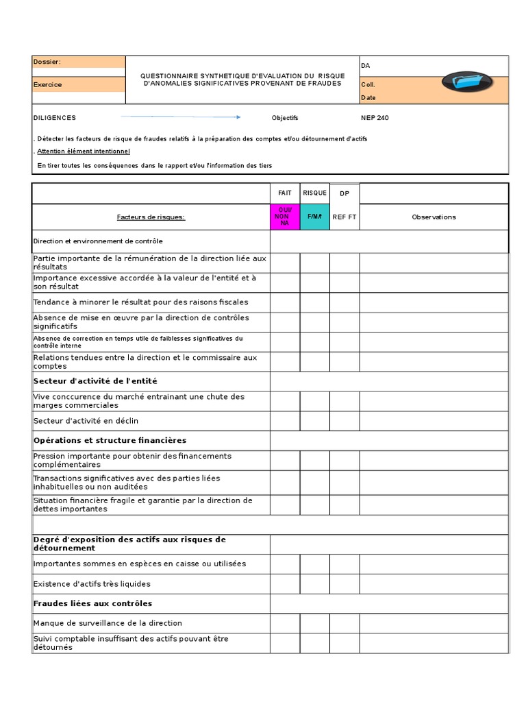 4.2 Questionnaire Sur Levaluation Risque Fraudes  Risque  Contrôle